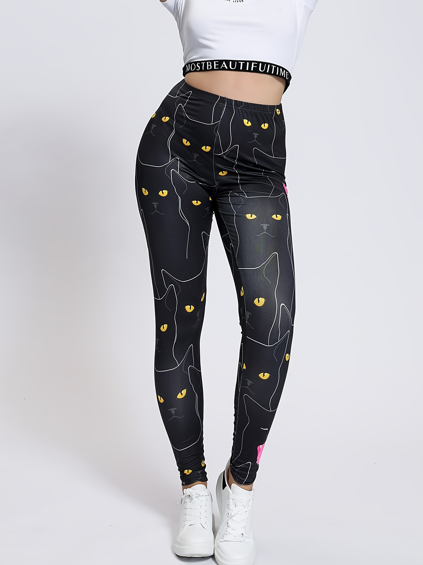 Plus Size Cartoon Cat Print High Waist Leggings Women's Plus