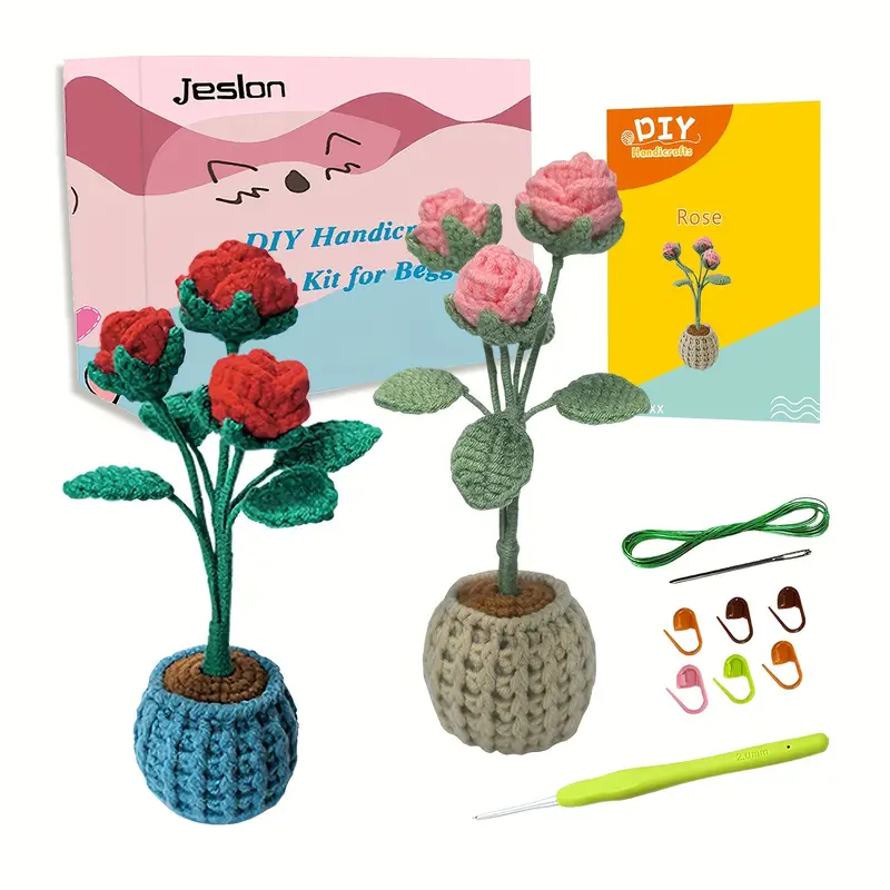 Beginners Crochet Kit Easy Yarn Knitted Rose Potted Plants - Temu