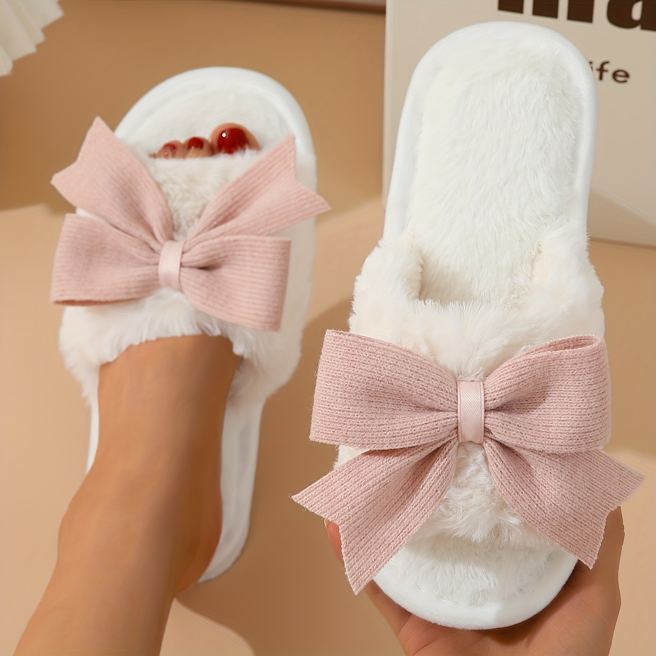 

Cute Bowknot Decor Plush Slippers, Slip On Soft Sole Flat Home Fluffy Warm Shoes, Winter Cozy Non-slip Shoes