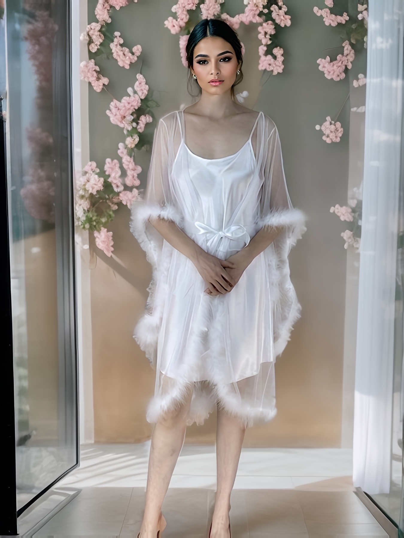 Solid Lingerie Set Round Neck Satin Slip Cami Dress Fuzzy - Temu Canada