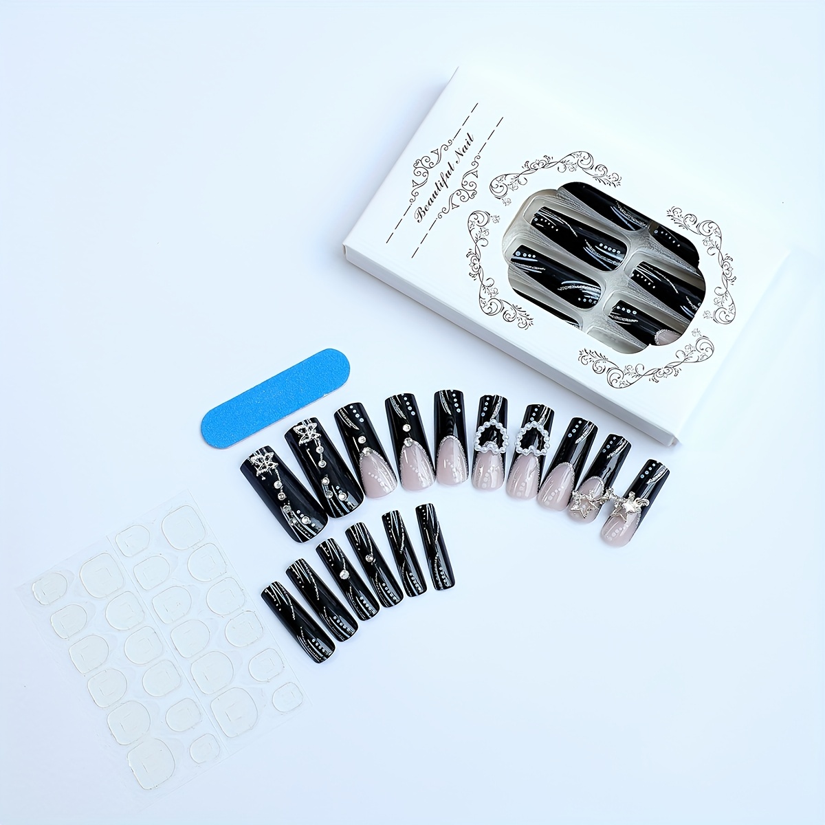 Glossy Long Square Fake Nails Black French Tip Press On - Temu