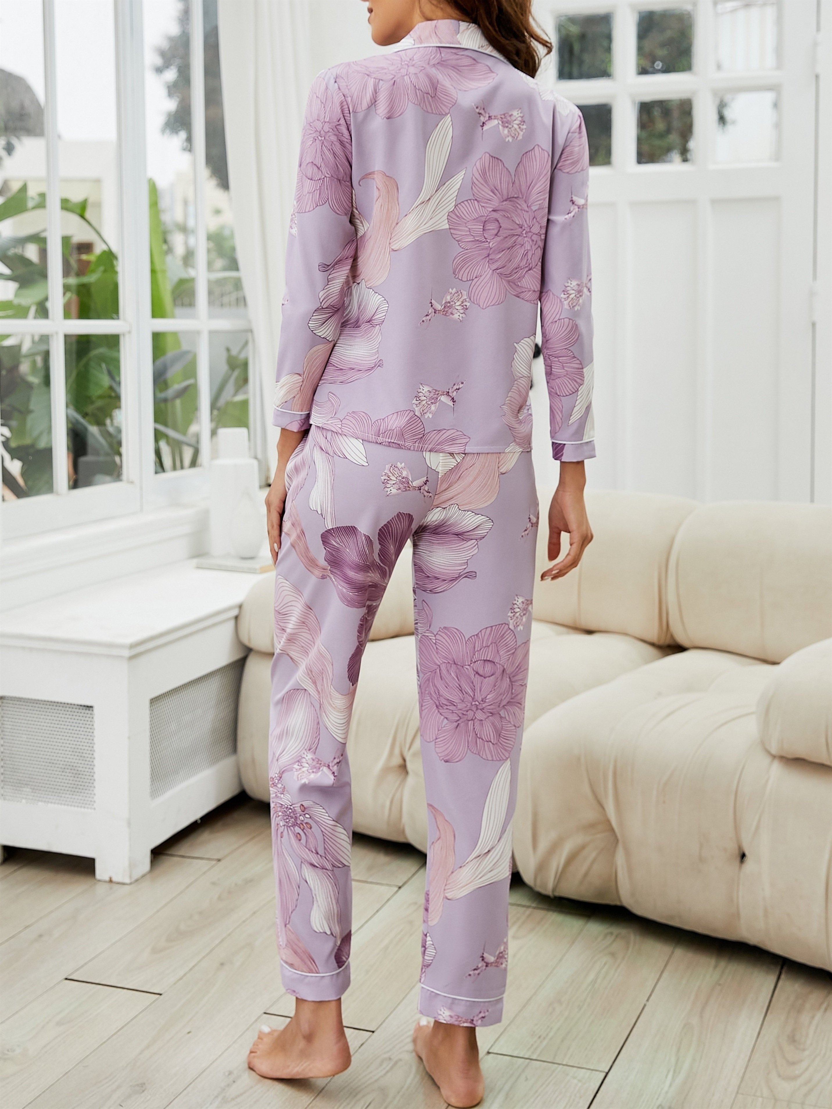 Elegant Satin Floral Print Pajamas Set Lightweight Button - Temu