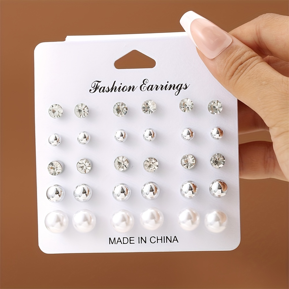 

12 Pairs Shiny Zircon Stud Earrings Zinc Alloy Jewelry Simple Leisure Style Daily Casual Gifts For Women