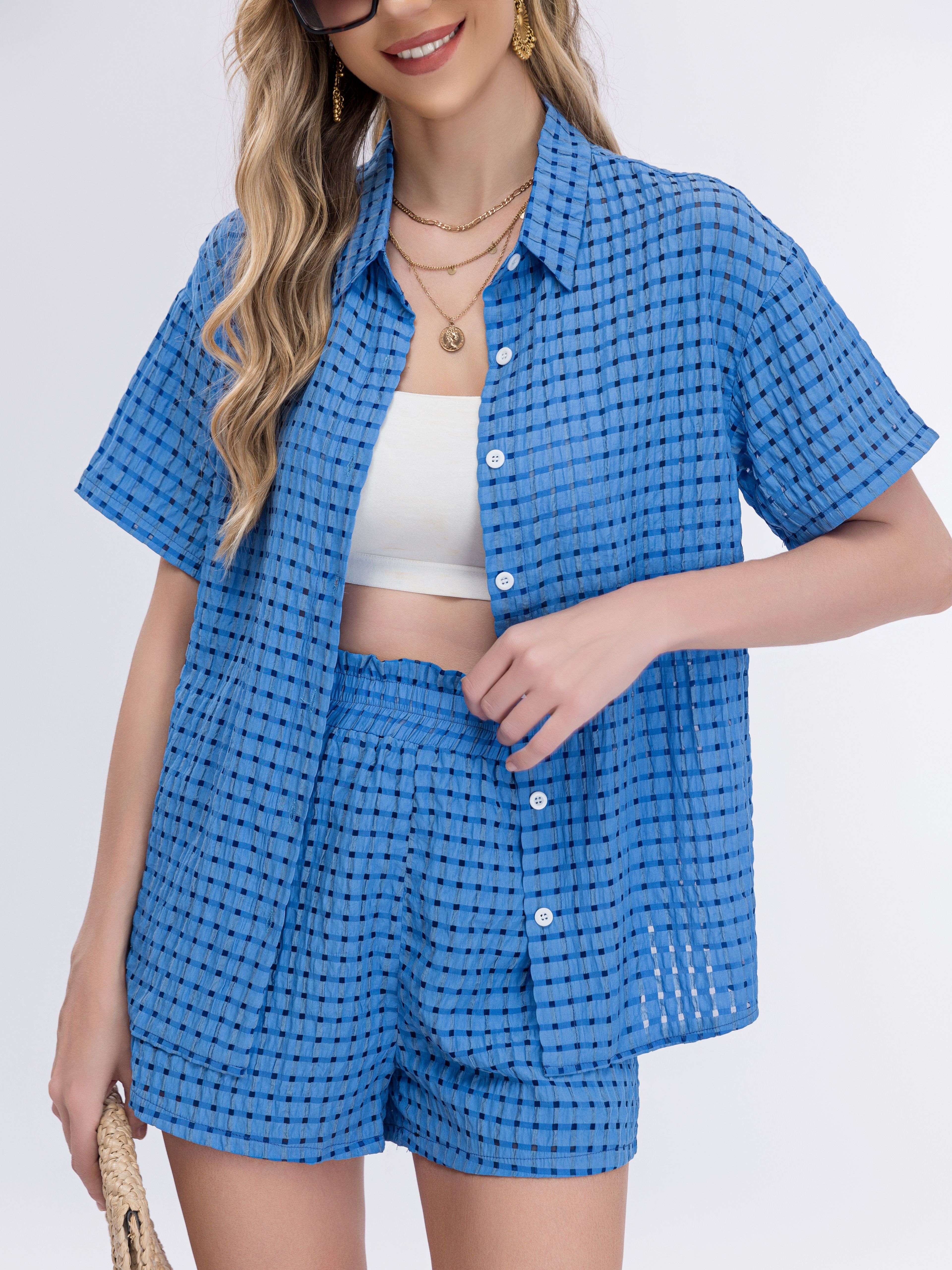 Solid Plaid Pattern Two piece Set Collar Short Sleeve Temu Australia