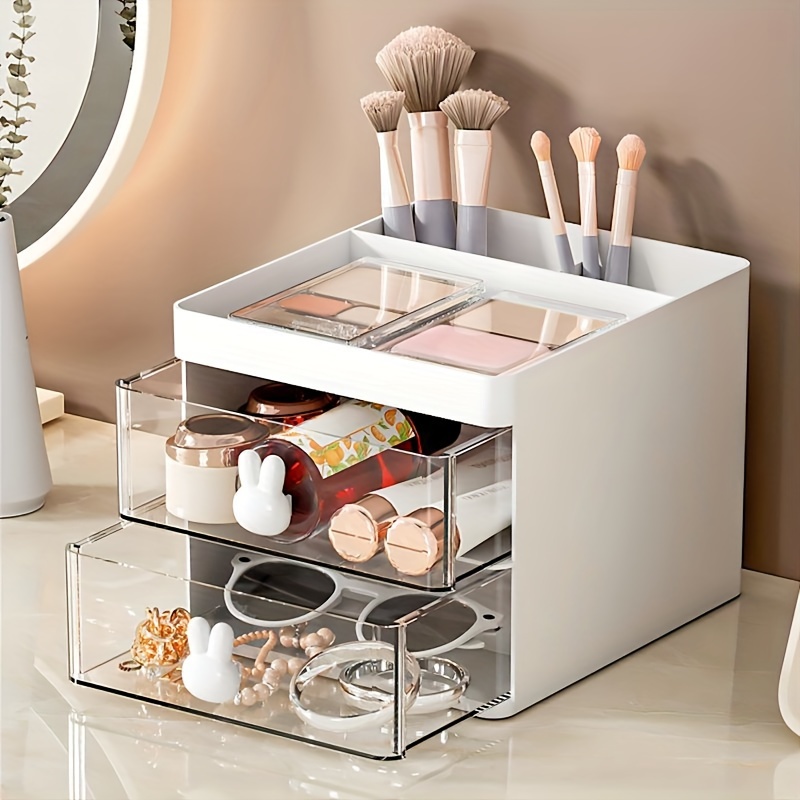 1pc Transparent Desktop Makeup Brush and Jewelry Storage Box - Large Capacity Cosmetic Organizer with Multiple Layers