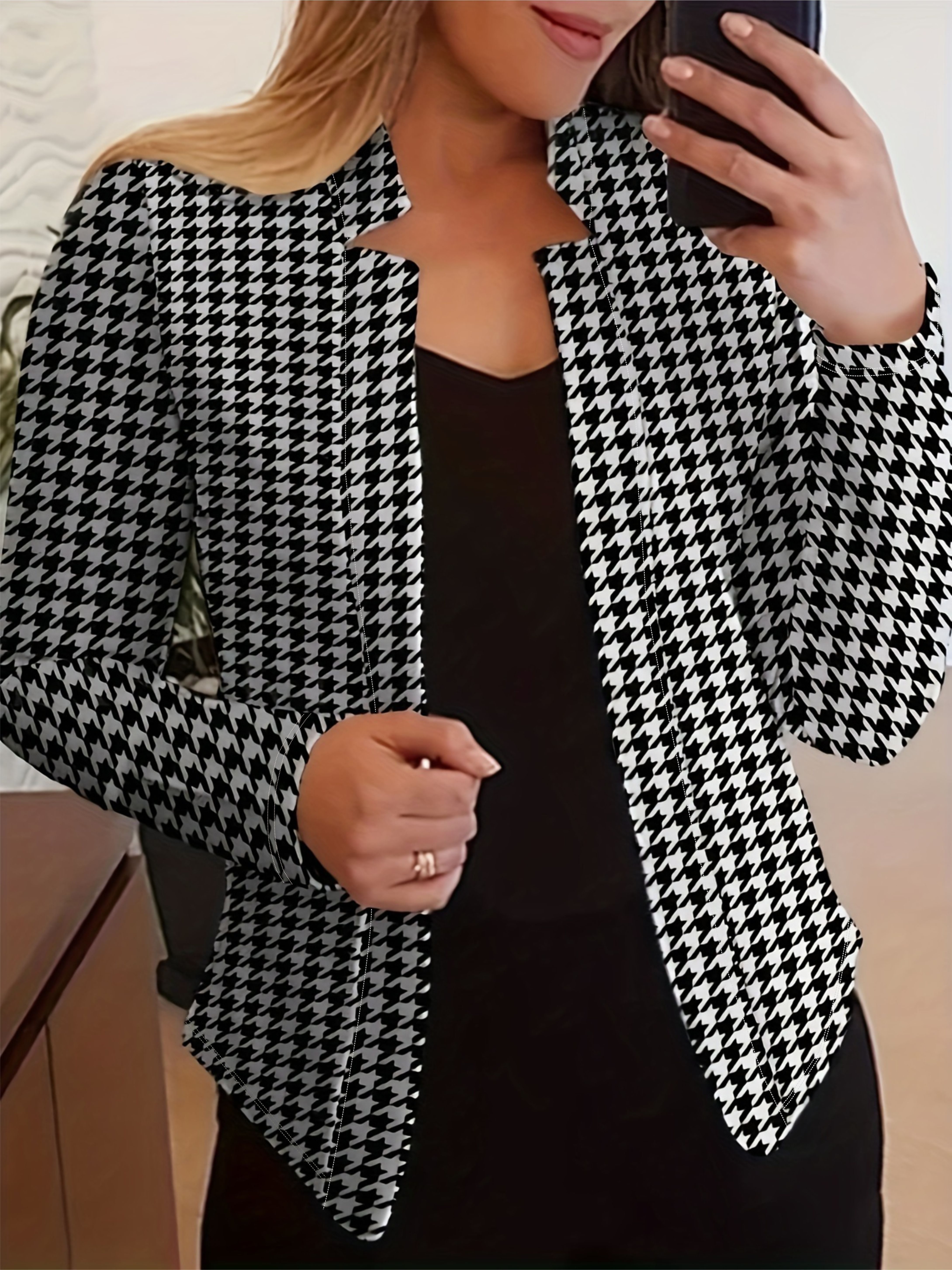 Houndstooth Print Open Front Elegant Long Sleeve Work - Temu