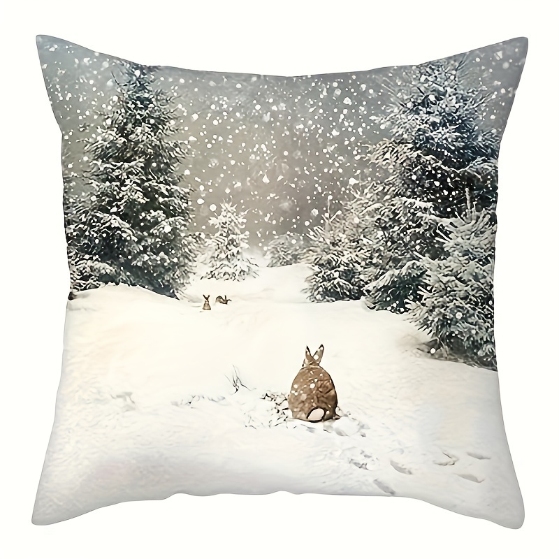 

1pc Christmas Pillow Cover Snowy Winter Landscape Rustic Pillow Protectors Pine Trees White Rabbit Printed Elegant Farmhouse Pillowcase For Couch Sofa Seating Bench 18×18inch