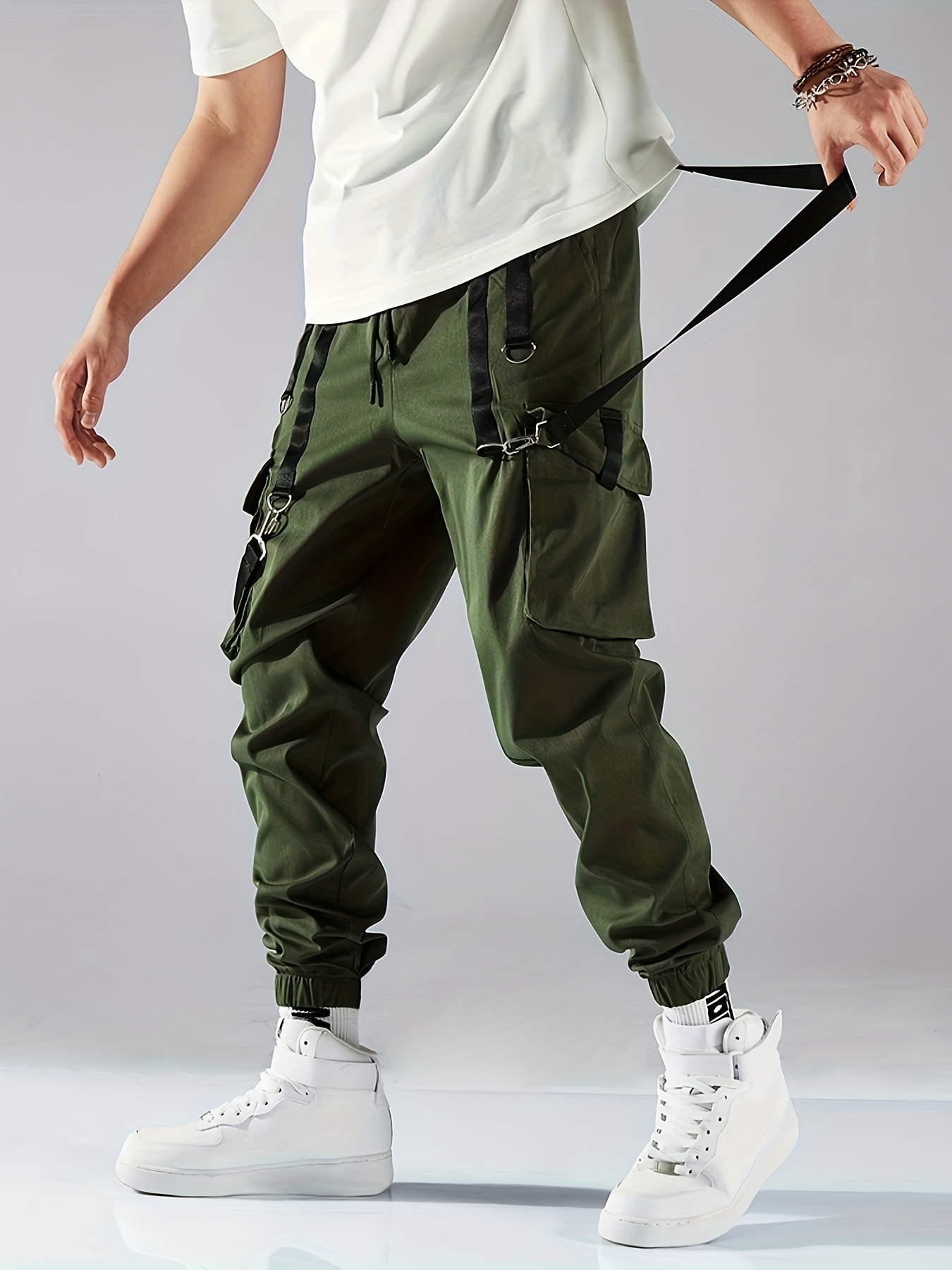Solid Flap Pocket Jogger Cargo Pants Vintage Belt Fashion - Temu