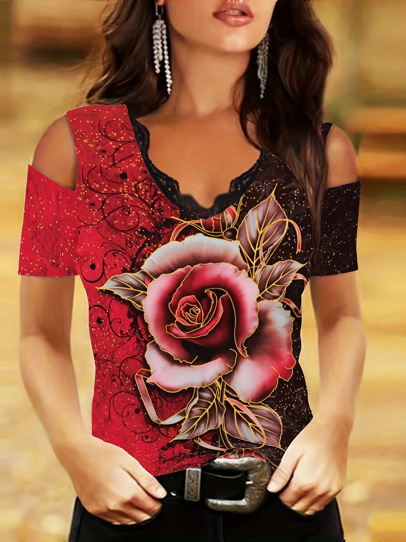 Rose Print Color Block T-shirt, Sexy Cut Out Short Sleeve Lace Splicing  T-shirt, Women's Clothing