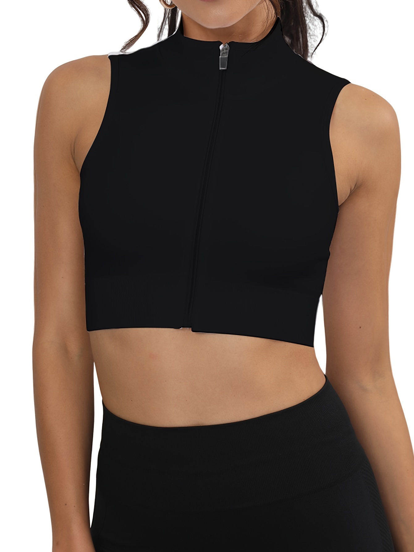 Casual Sweat-absorbing Breathable Zip Up Crop Sports Tank Top, Sleeveless  Stand Collar Sports Slim Fit Crop Tops, Women's Tops