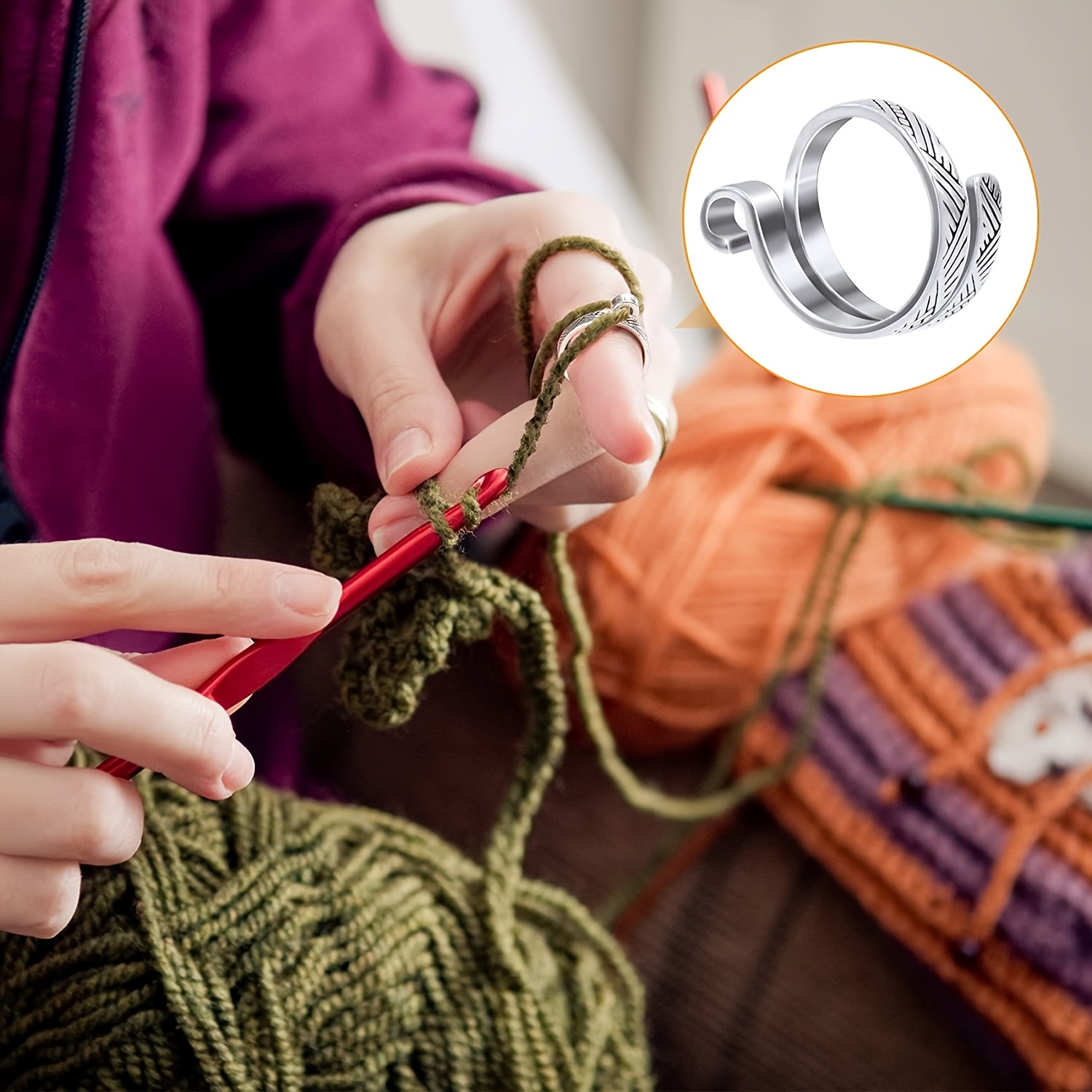 2pcs Knitting Crochet Loop Ring Adjustable Crochet Finger Ring Tens