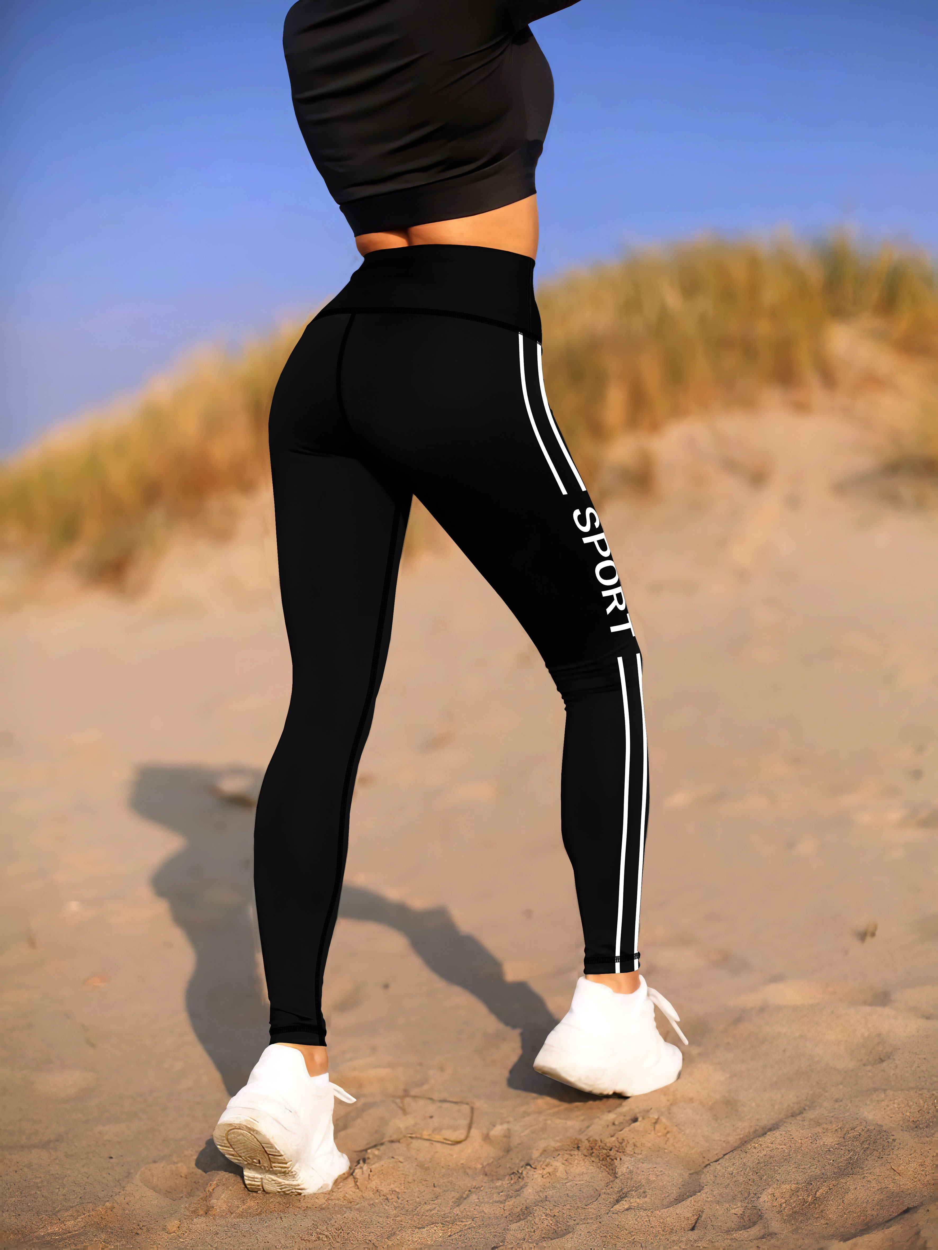 Letter Print Fitness Yoga Leggings Side White Stripe Tummy - Temu New  Zealand