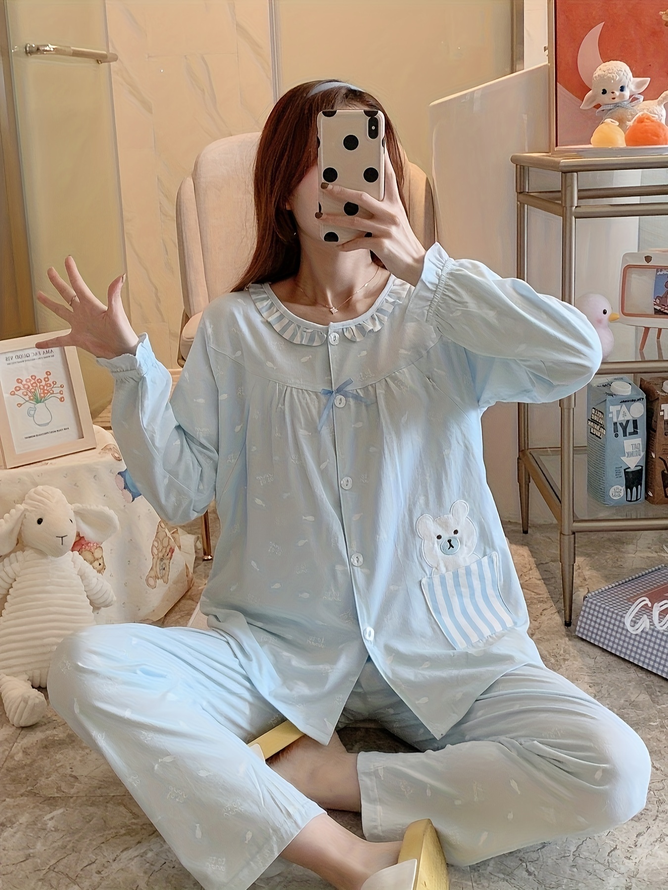 Cotton Pajamas For Women Sleep Lounge Long Sleeved Woman Pajama Set Cartoon  Sleepwear Famille Home Clothes Trouser Suits Spring