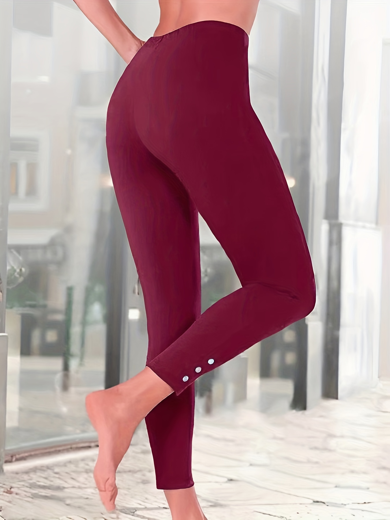 Casual Solid Regular Burgundy Plus Size Leggings (Women's) 