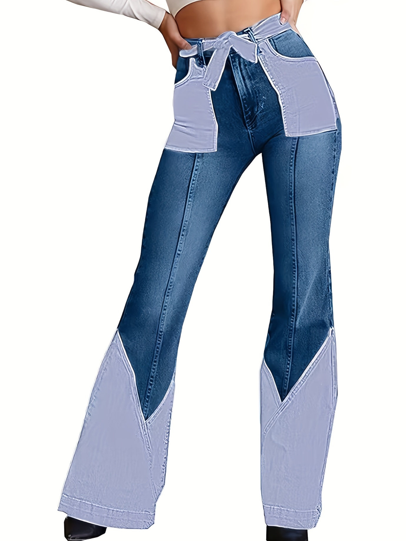 Color Block Flared Jeans, High Waist High-Stretch Bell Bottom Slash Pockets  Elastic Waist Denim Pants, Women's Denim Jeans & Clothing
