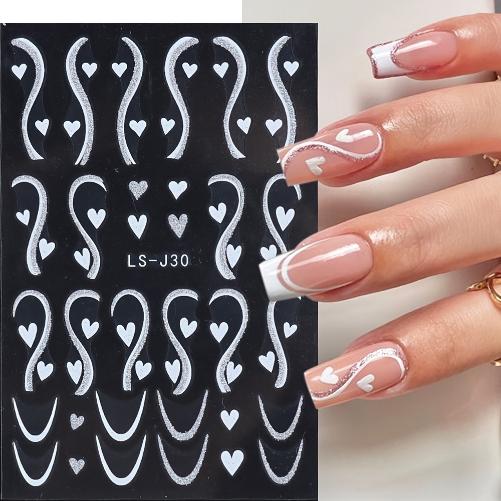 Nail Art Stickers Glitter Silver White French Design Self-adhesive