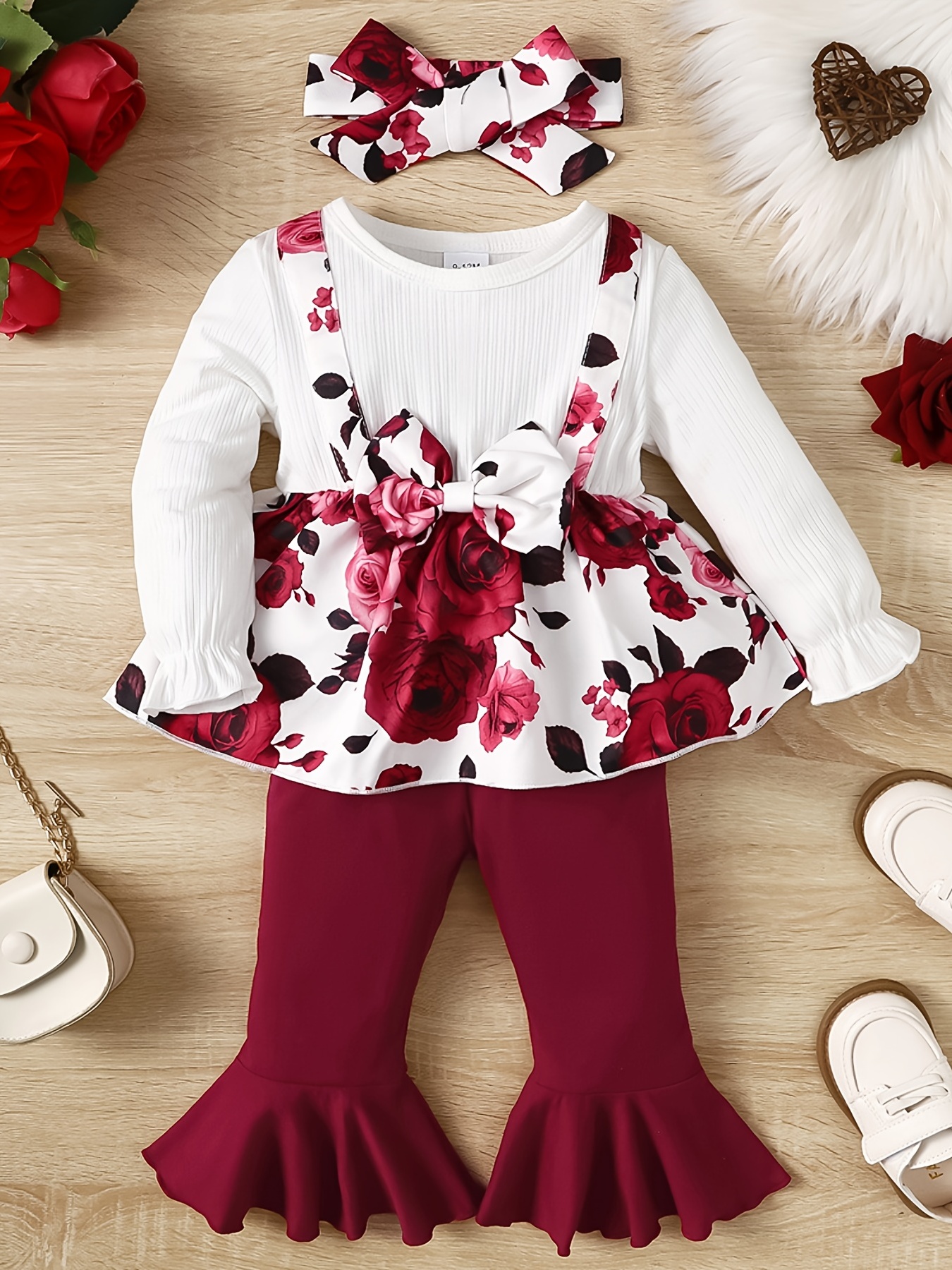 3pcs Baby Girl Red Floral Print Long-sleeve Bowknot Top and Solid Trousers Set