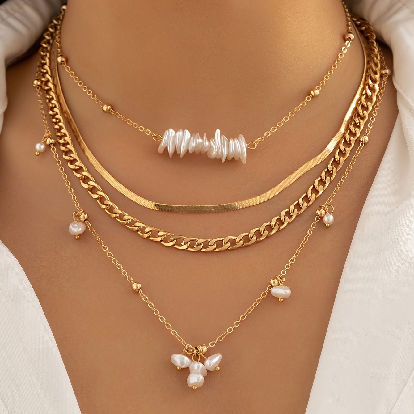 

4pcs/set Irregular Faux Pearl Beaded Necklace Water Drop Copper Bead Flat Snake Chain Combination Multilayer Necklace Jewelry For Women