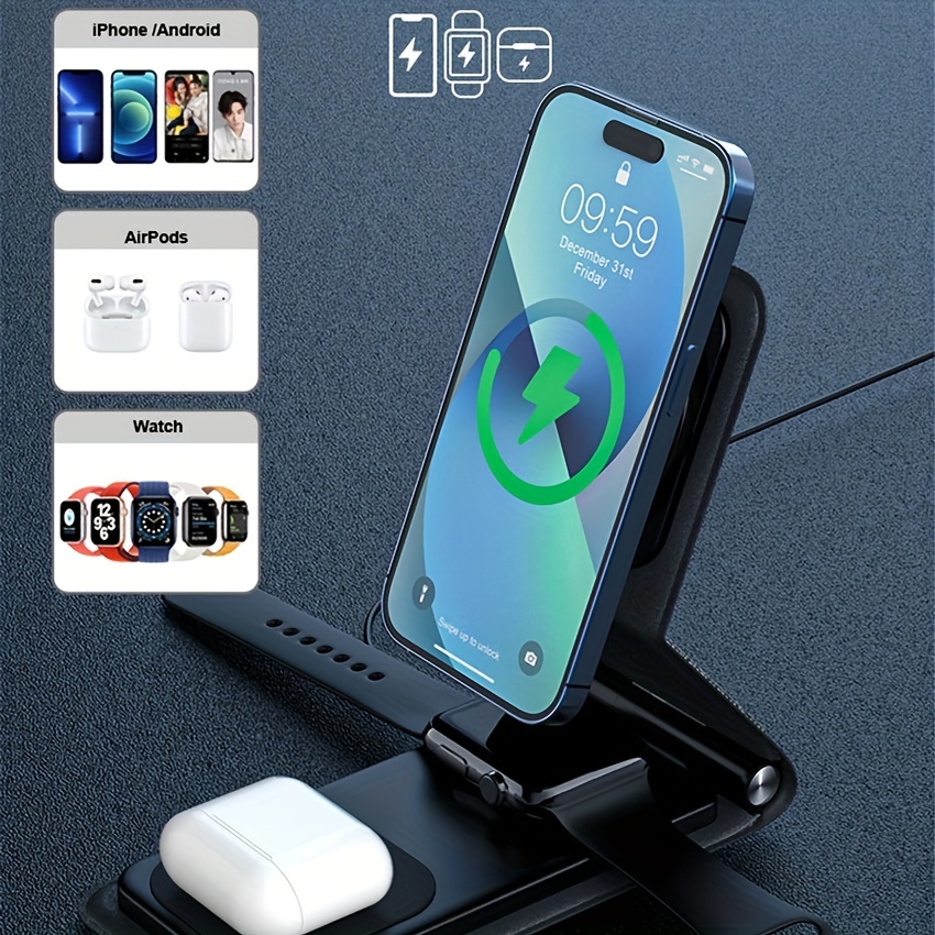 CARGADOR INALAMBRICO WIRELESS 3 EN 1 MAGSAFE PARA IPHONE APPLE WATCH Y  AIRPODS CELULARES Cargadores