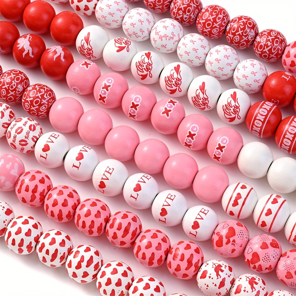 Valentine's Day Wooden Beads Cute 18 Designs Stripe Plaid - Temu