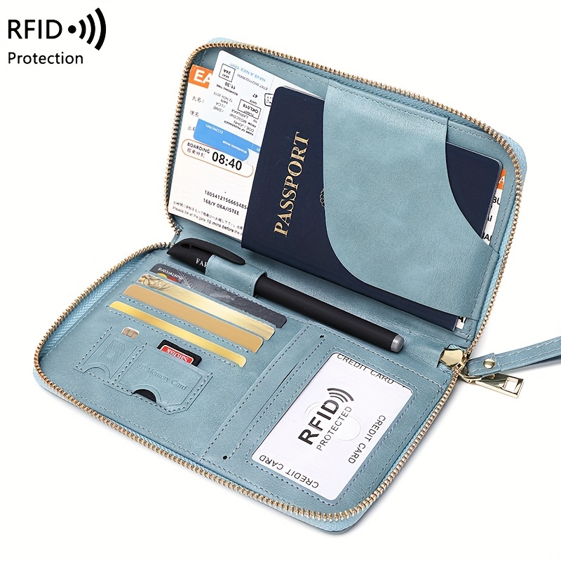 TEMU Portapasaporte Portátil RFID De Color Sólido, Clip Multifuncional Para De Avión, Billetera Para Tarjetas De Crédito De Viaje Con Cremallera Y