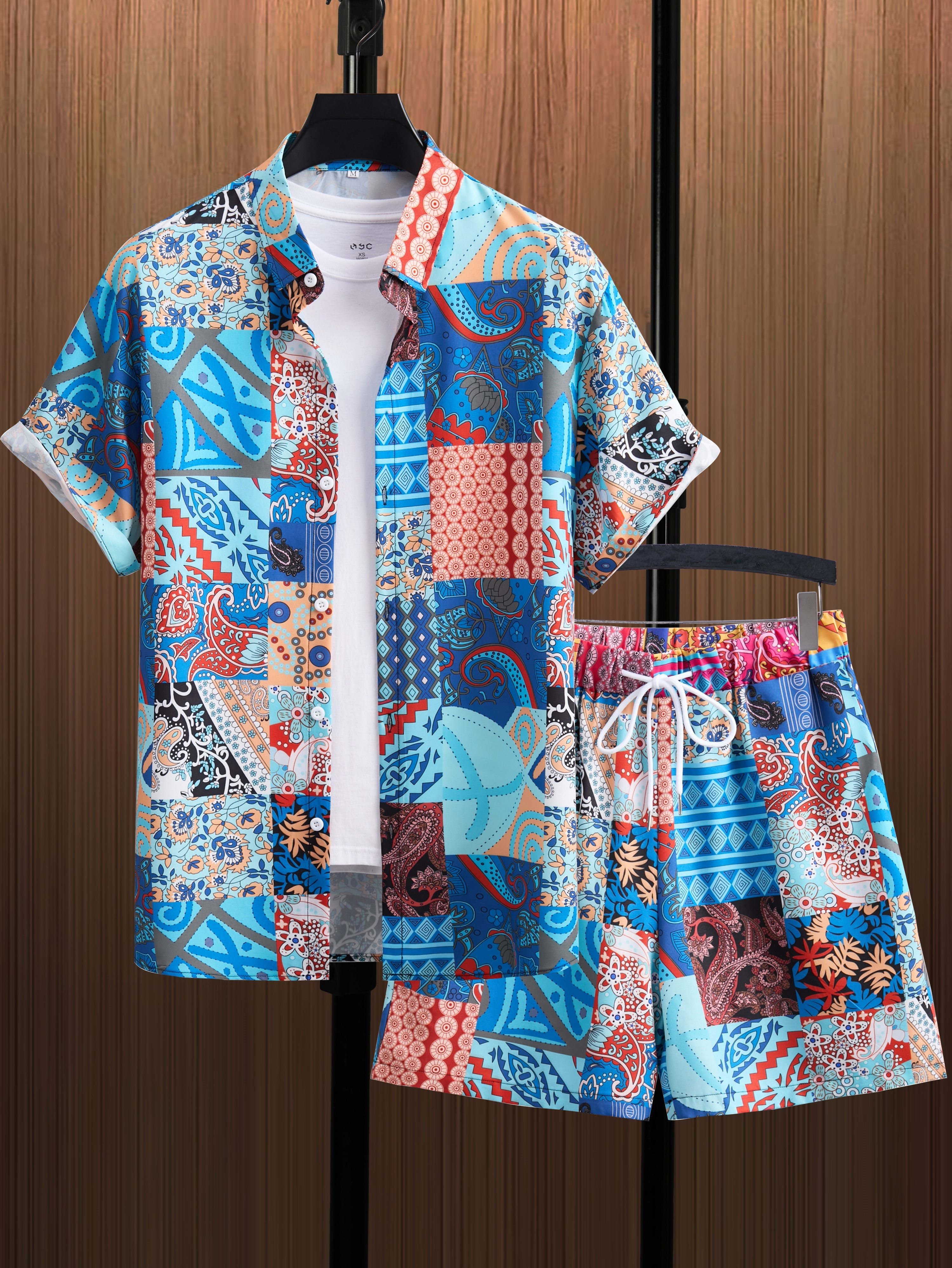 Retro Bandana Print Men's Outfits, Casual Lapel Button Up Short Sleeve Shirt  And Drawstring Shorts Set For Summer, Men's Clothing For Daily Leisure  Vacation Resorts - Temu