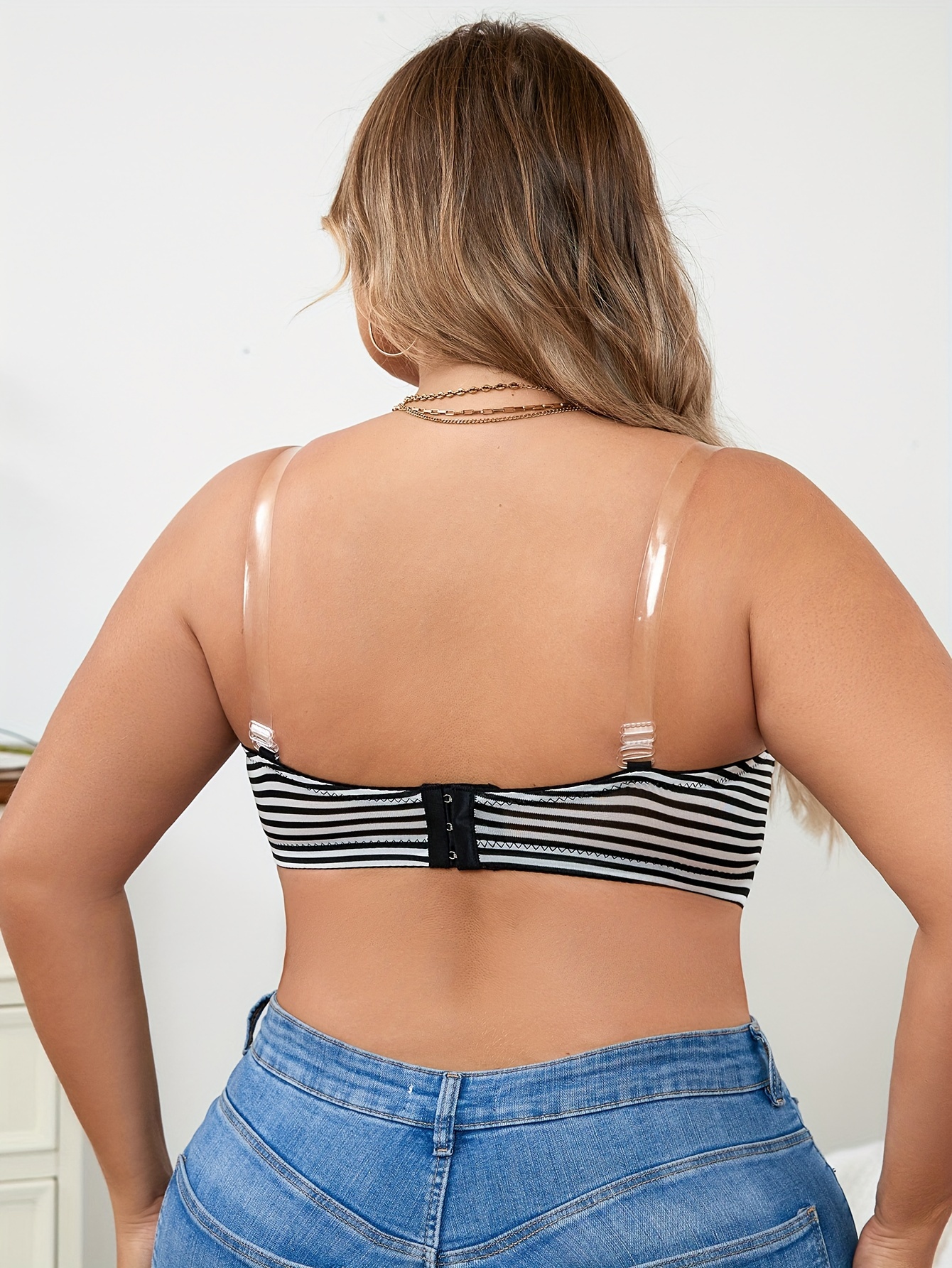 Plus Size Elegant Bra, Women's Plus Striped Print Closure Front Underwire  Invisible Bra With Translucent Straps