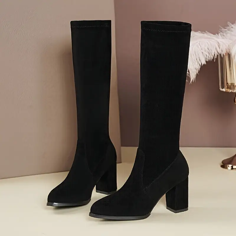 womens block heeled mid calf boots fashion stretchy pull on high heeled boots all match long boots details 3