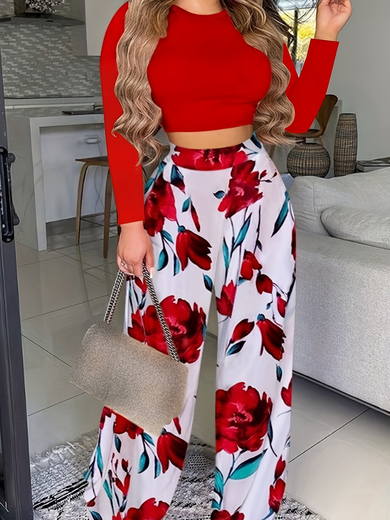 Casual Spring Fall Two piece Set Solid Long Sleeve Tops - Temu