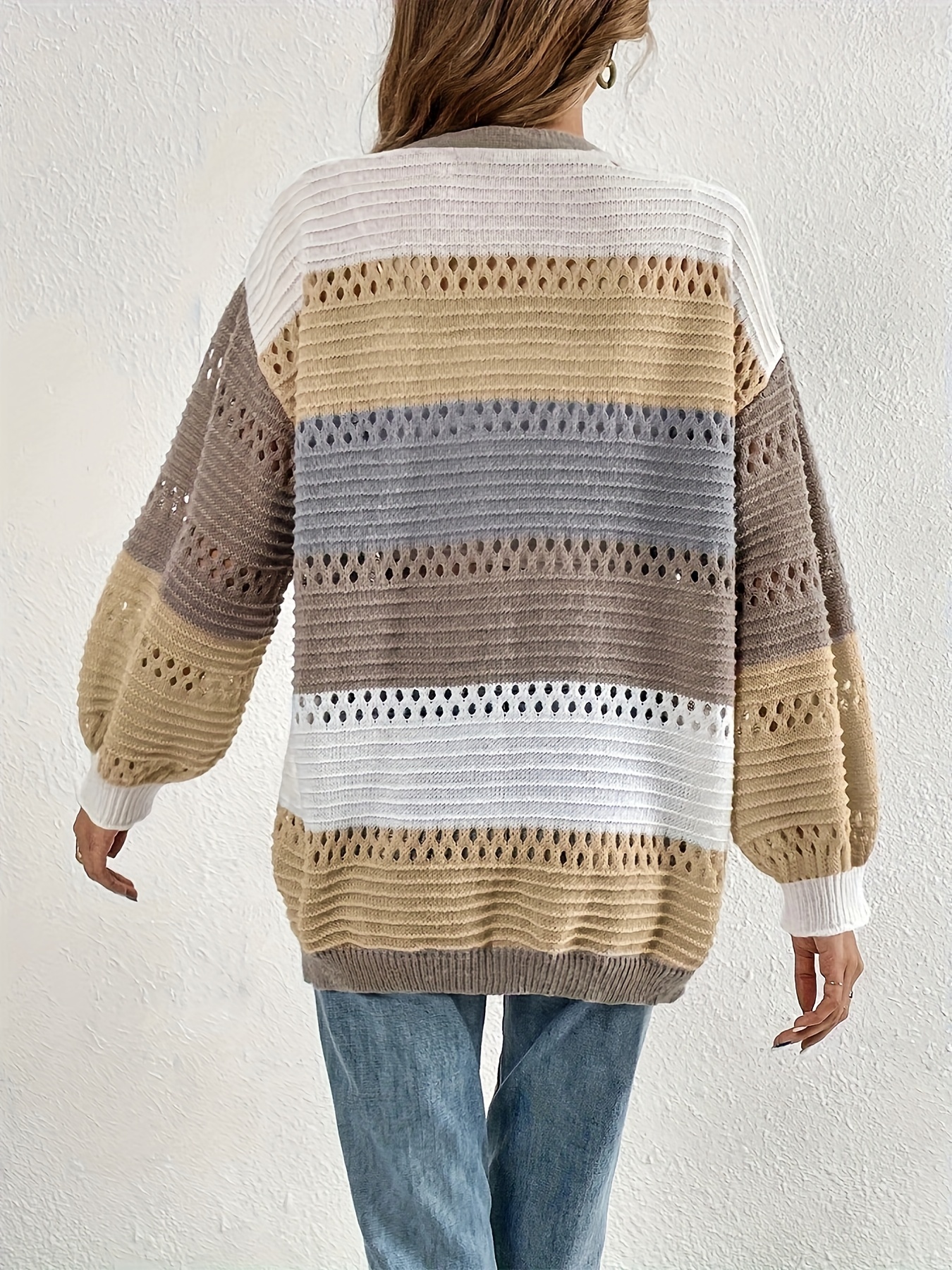 Cut Out Block Knit Cardigan Long Sleeve Sweater