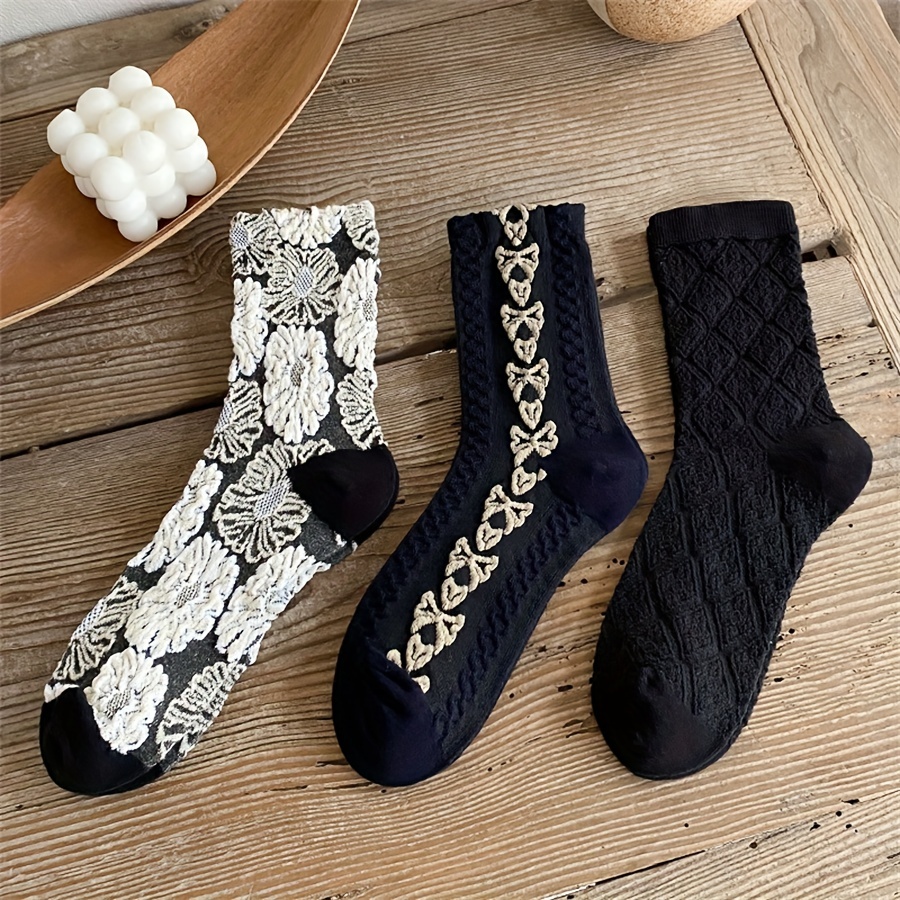 

3 Pairs Vintage Textured Socks, Comfy & Breathable Mid Tube Socks, Women's Stockings & Hosiery