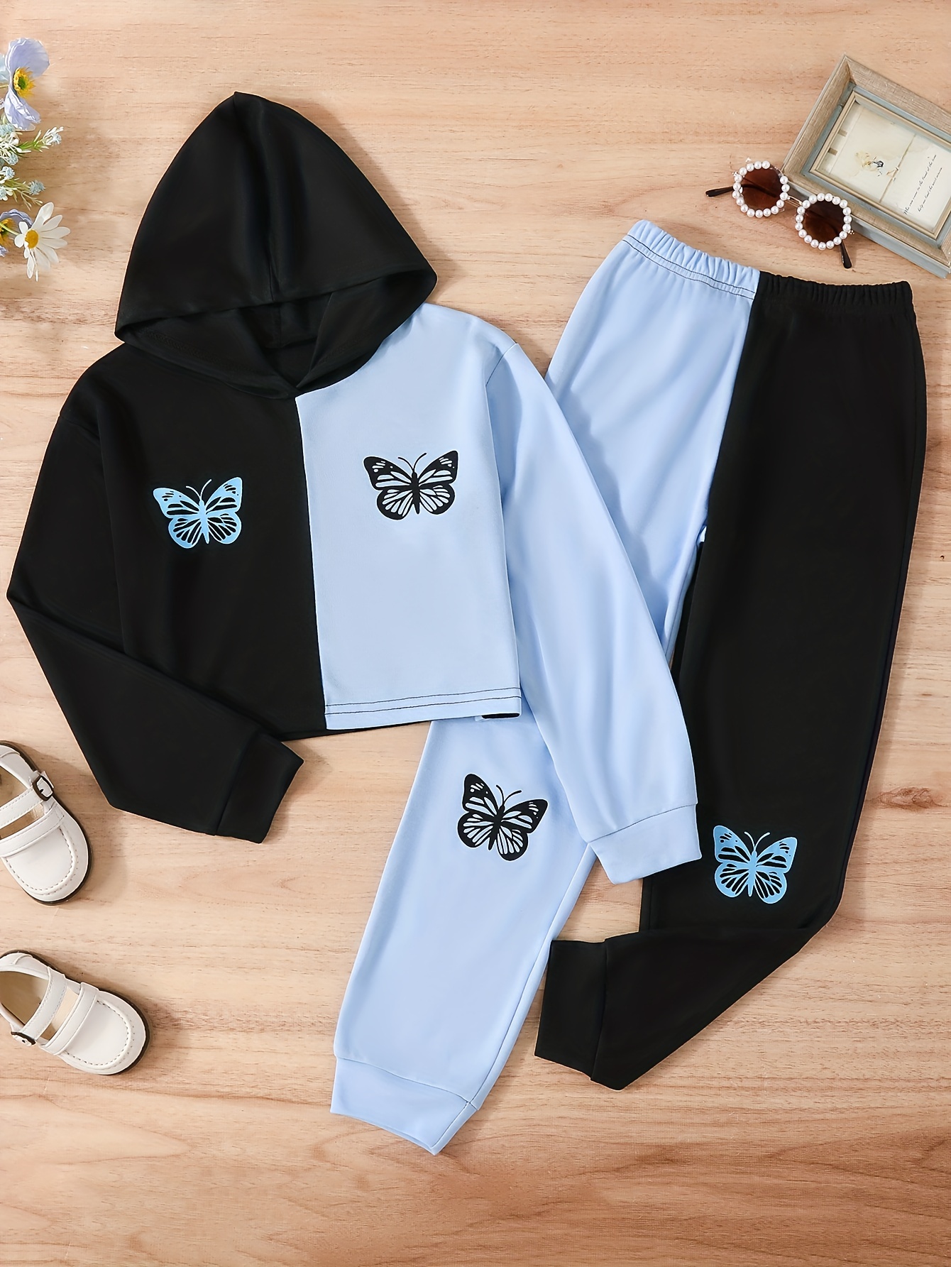 Girl's Color Clash Outfit Floral Pattern Hoodie Sweatpants - Temu Canada