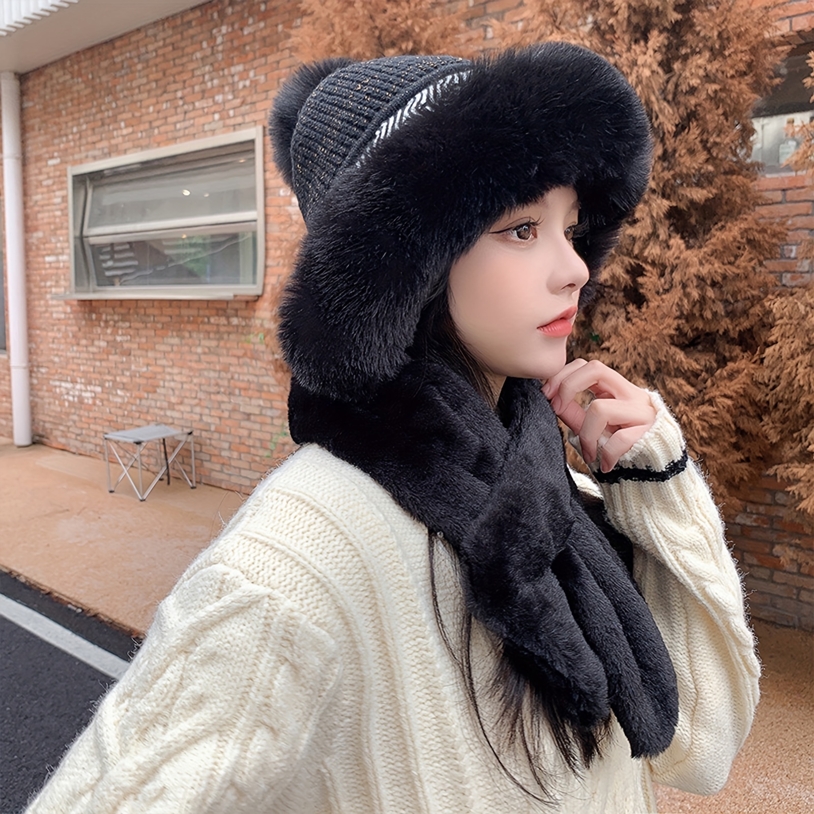 Solid Knit Faux Fur Pom Pom Beanie Hat Black