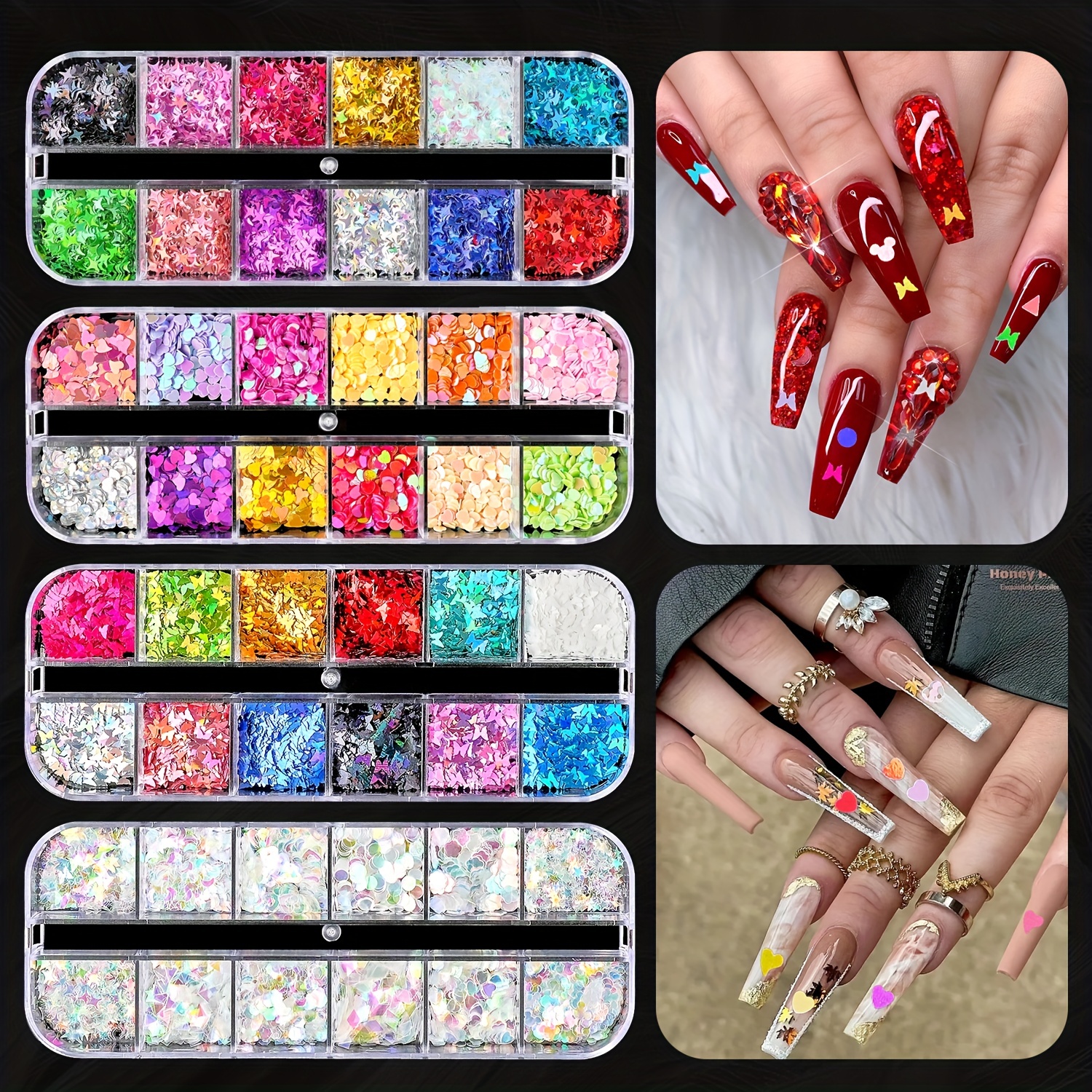 SeBeauty Red Nail Art Glitter Stickers Decals Heart Nail Sequins Charms Butterfly Nail Supplies Sparkle Nail Flakes Shiny Letter Maple Star 3D Design for