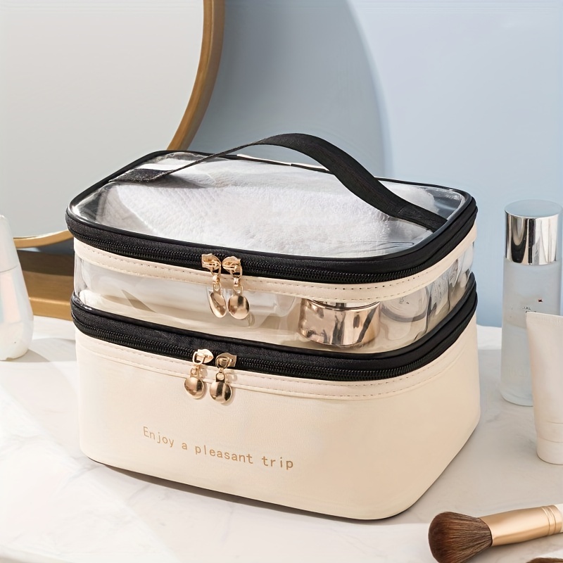 Large Capacity Waterproof Makeup Bag With Handle And Letter Patch Decor -  Perfect For Travel And Organizing Cosmetics And Brushes - Temu