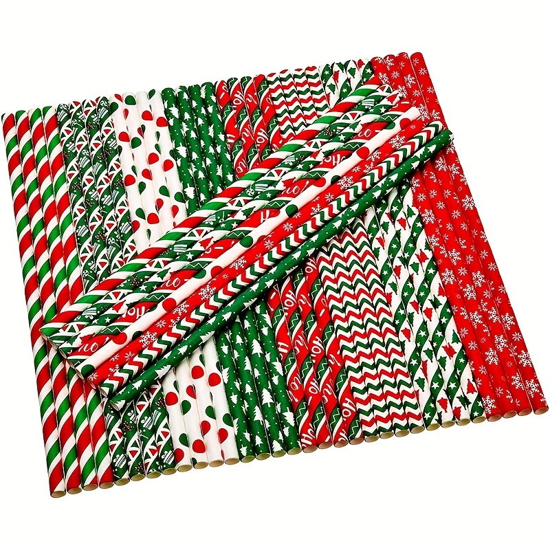 Paper 7.75-Inch Drinking Straws - Christmas Red and Green Stripes: 25-Piece  Pack
