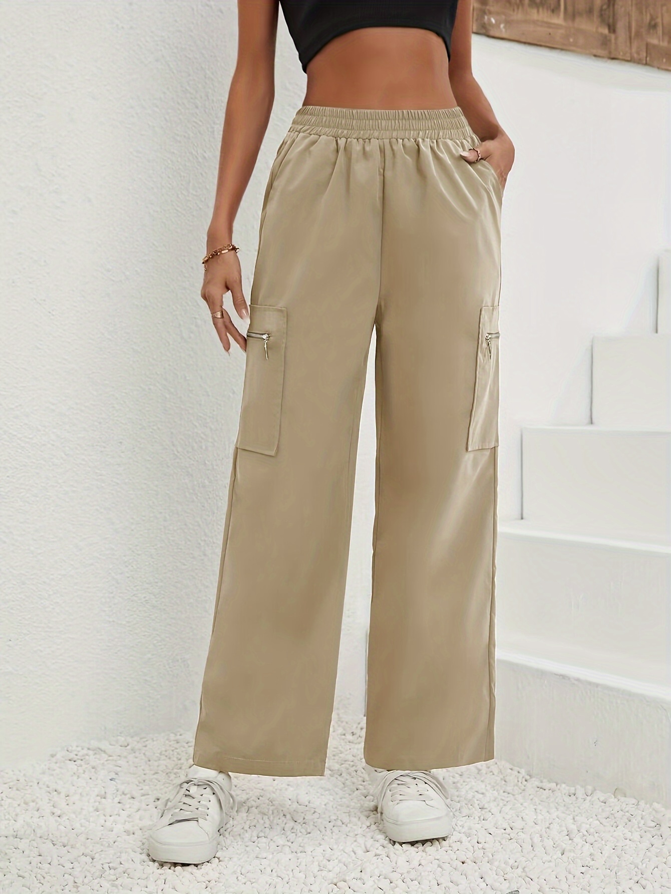 New Women Cargo Pants Elastic Waist Casual Loose Trousers