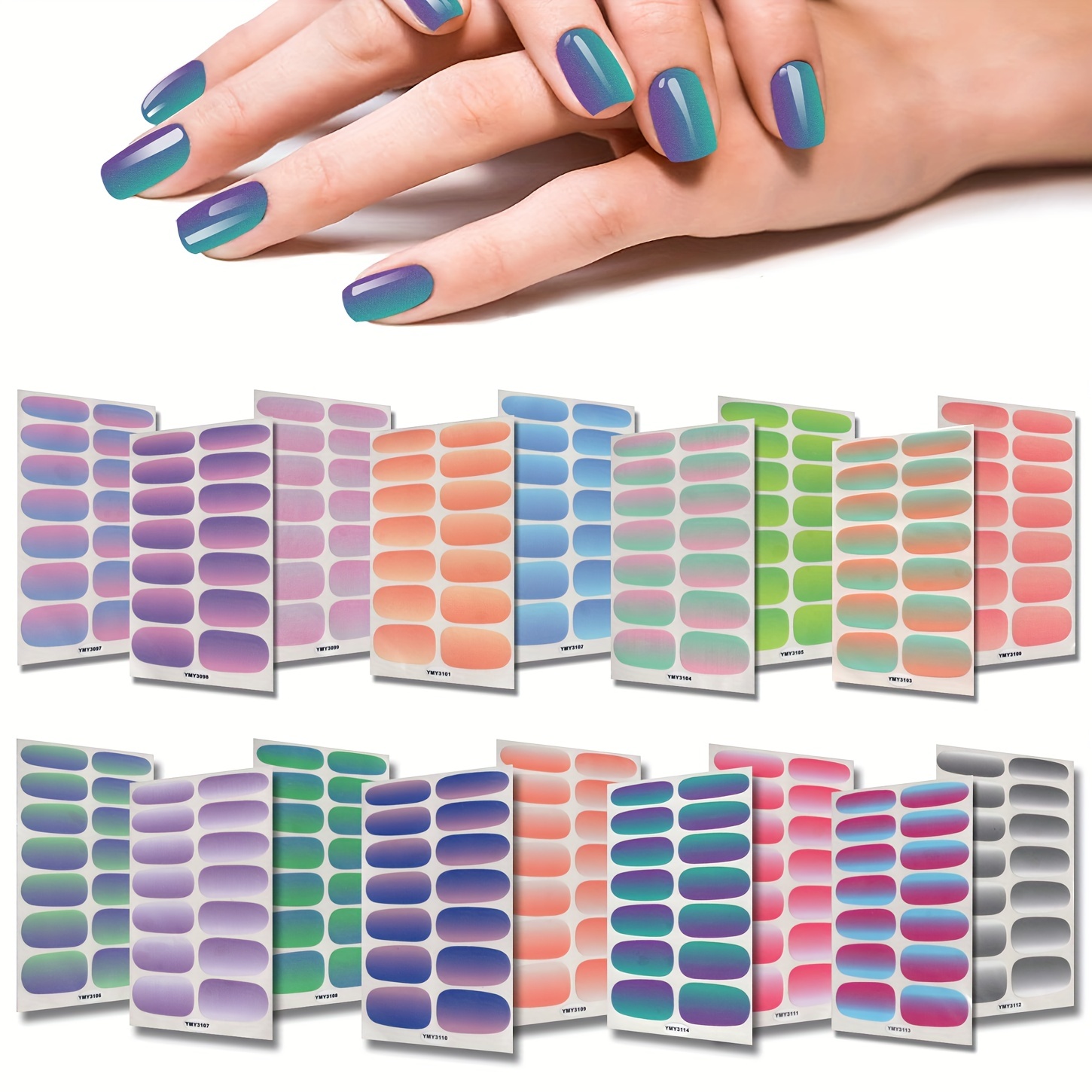8 hojas de envoltura completa pegatinas de esmalte de uñas con degradado 3D  Color sólido calcomanías autoadhesivas para uñas DIY Art Nail Stickers
