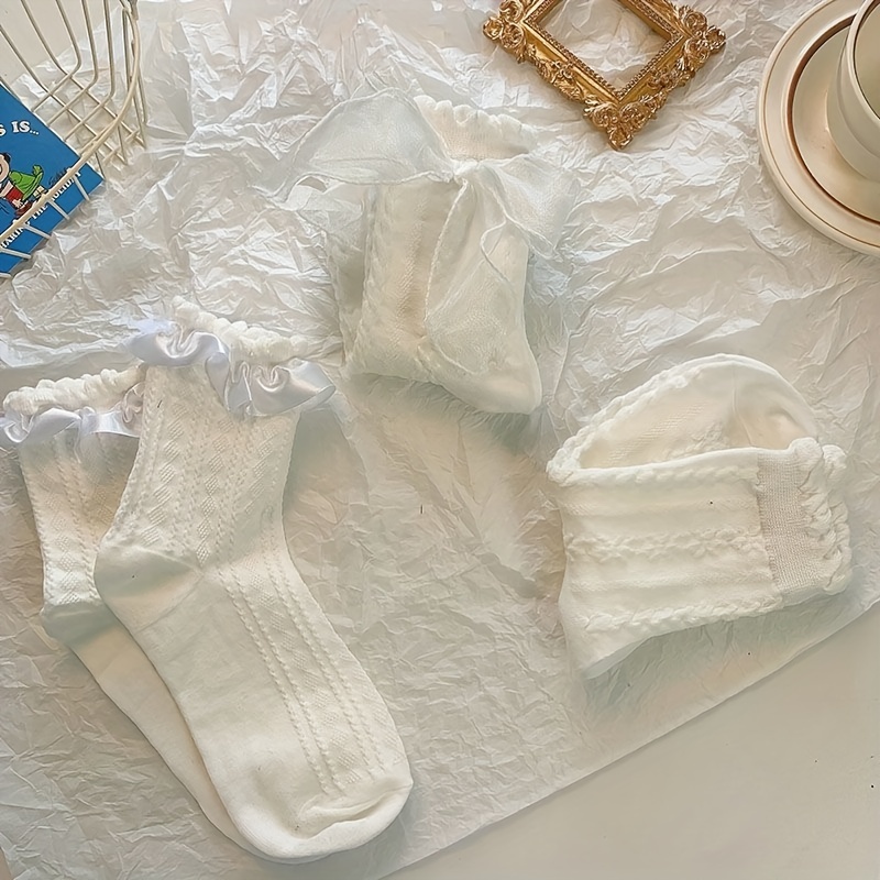 

5 Pairs 3d Textured Socks, Sweet & Cute Lettuce Trim Princess Socks, Women's Stockings & Hosiery