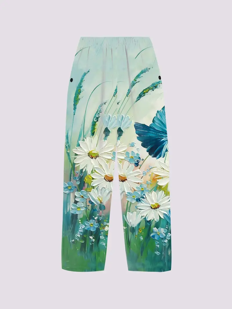 Flower Oil Painting Print Slant Pockets Pants Casual Pants - Temu