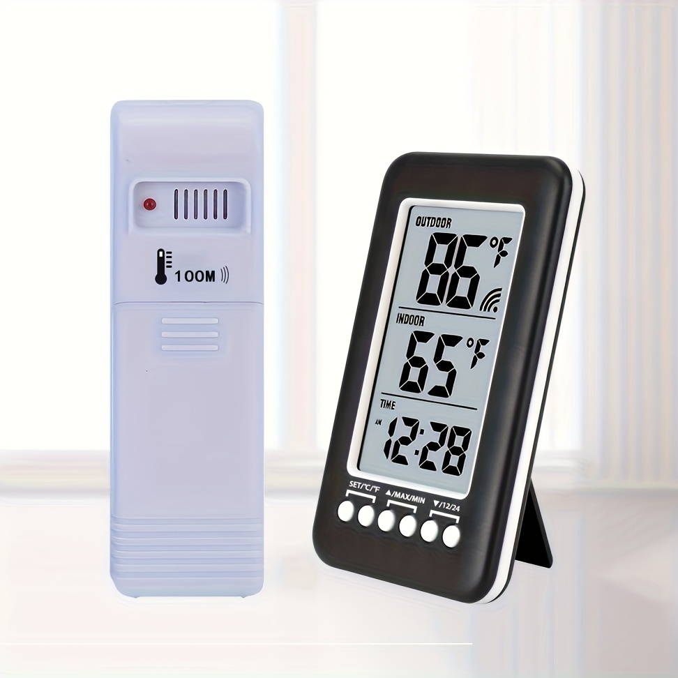 Indoor And Outdoor Thermometer With 12/24 Hour Time Display - Temu