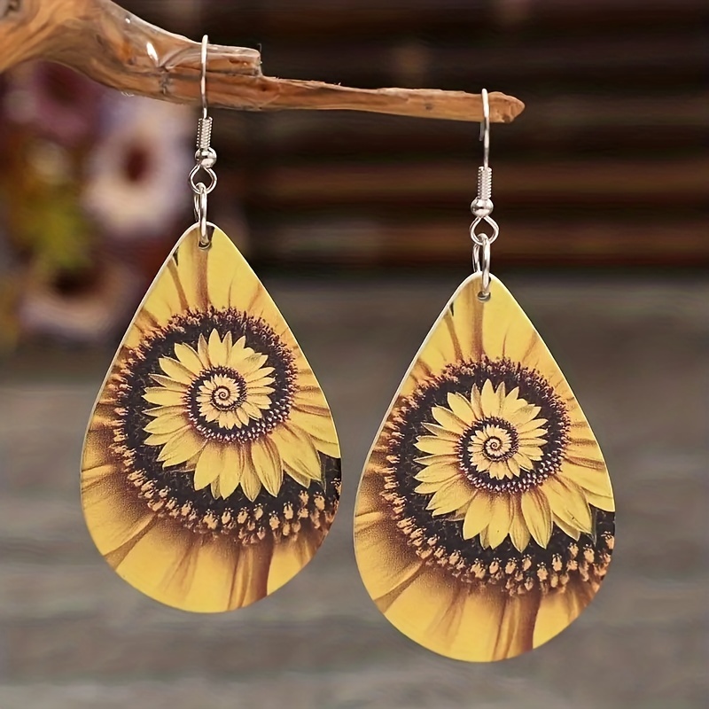Wooden Sunflower Print Water Drop Dangle Earrings