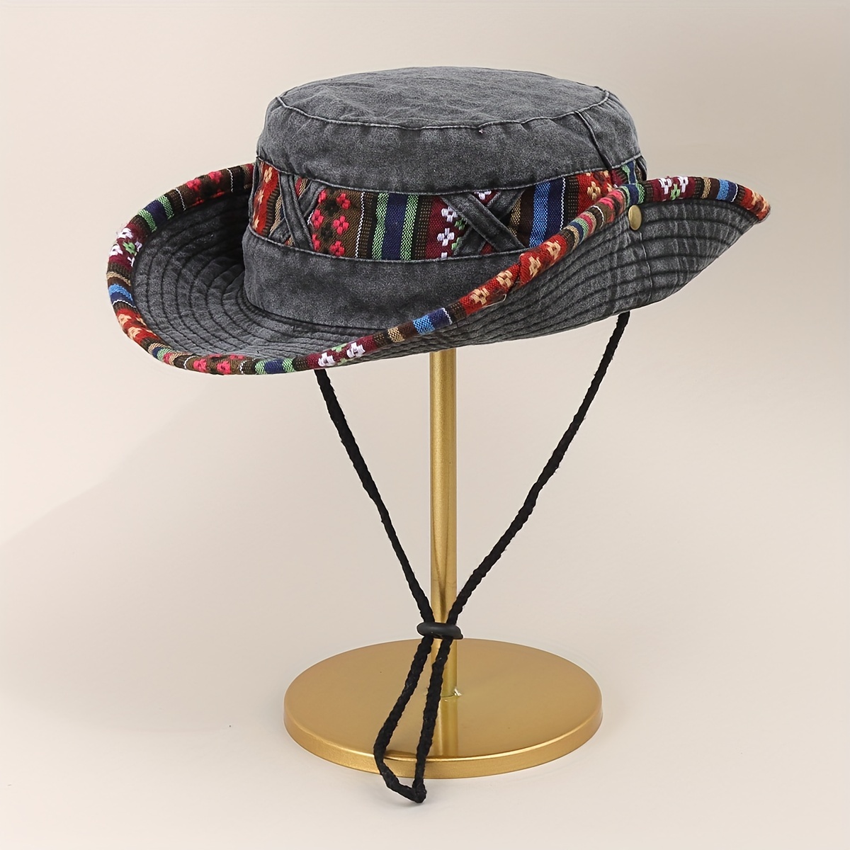 Boho Rolled Brim Cowboy Hat, Cowgirl Hat Vintage Stitching Washed Distressed Bucket Hat Outdoor Sun Hat unisex Boonie Hats,Temu