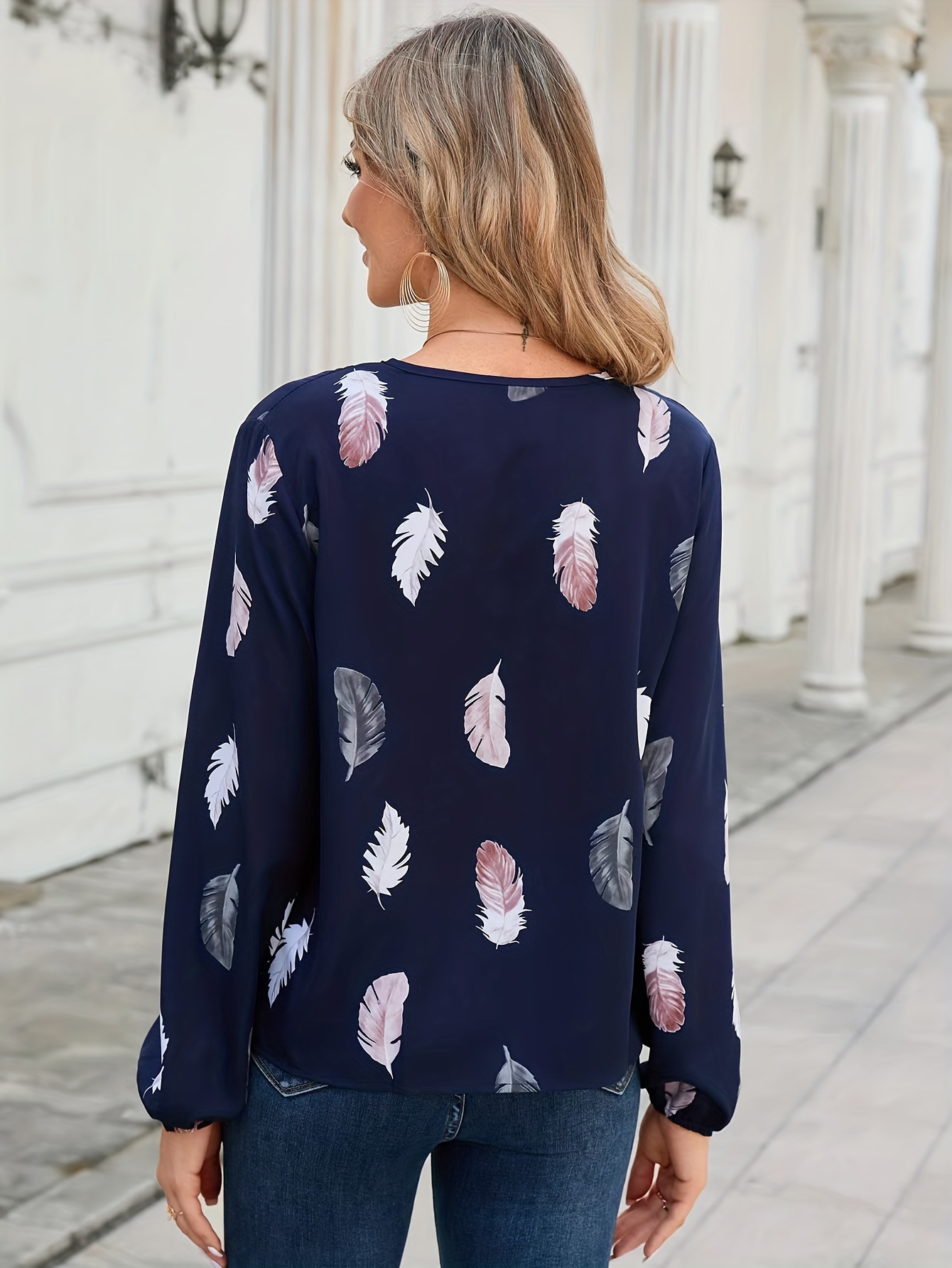 Feather Print V Neck Blouse, Casual Long Sleeve Blouse For Spring & Fall,  Women's Clothing