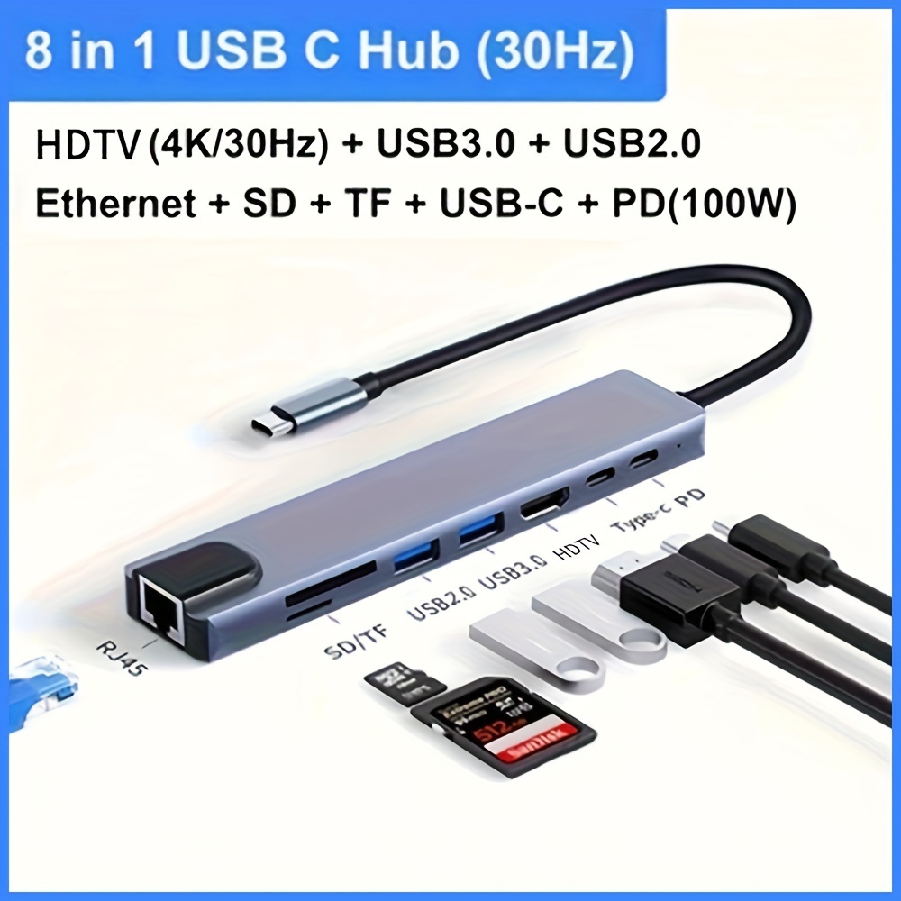 Hub Usb C, adaptateur Usb C 8 en 1 avec hdmi 4k, 100w, port Usb C, Usb 3.0, Ethernet  Rj45, lecteur de carte Sd / tf, station d'accueil compatible avec Macbook