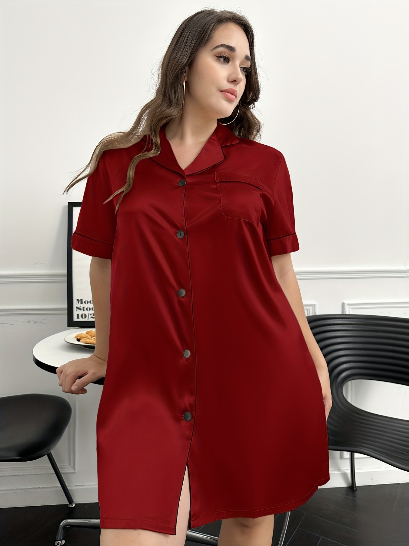 Plus Size Elegant Nightdress Women s Plus Turn Collar Button Temu