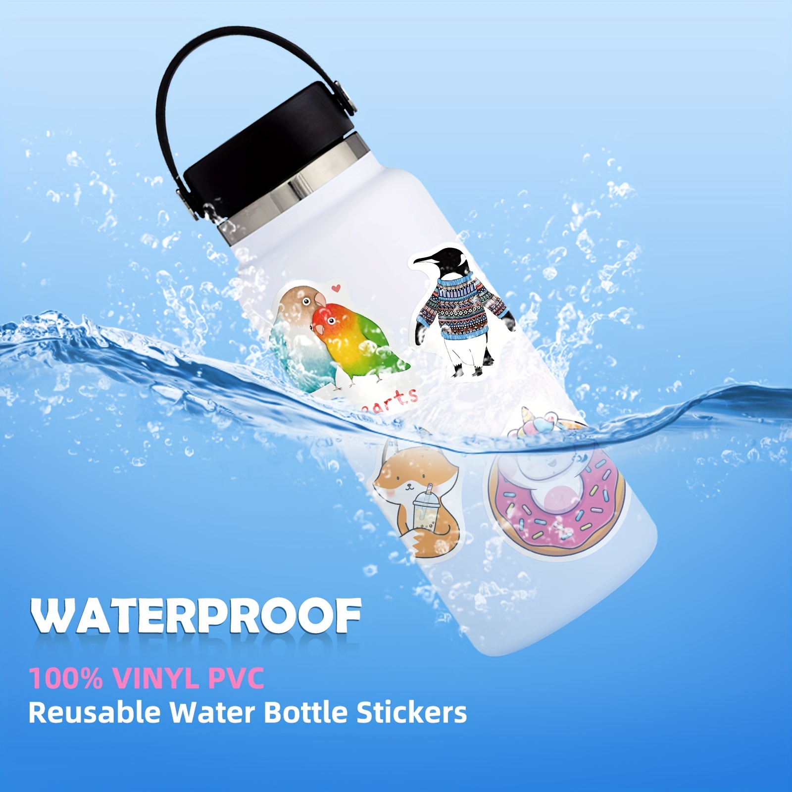 100 PCS Water Bottles Stickers, Cute Vinyl Waterproof Laptop