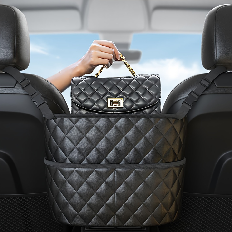 

Car Purse Handbag Holder Between Seats, Leather Car Seat Back Organizer With 3 Pockets, Large Capacity Storage Bag