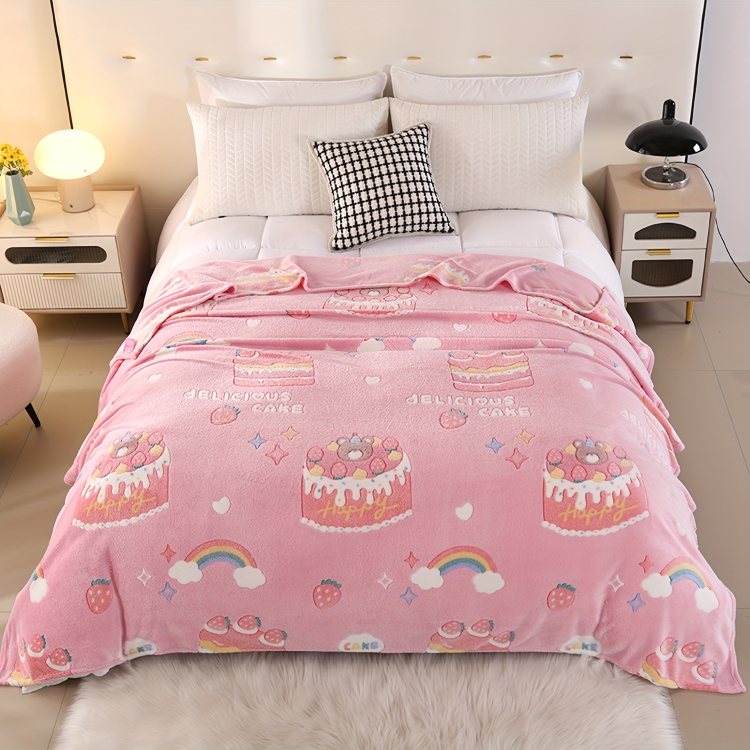 1pc cartoon print blanket winter flannel blanket soft warm throw blanket nap blanket for couch sofa office bed camping travel multi purpose gift blanket for   details 9