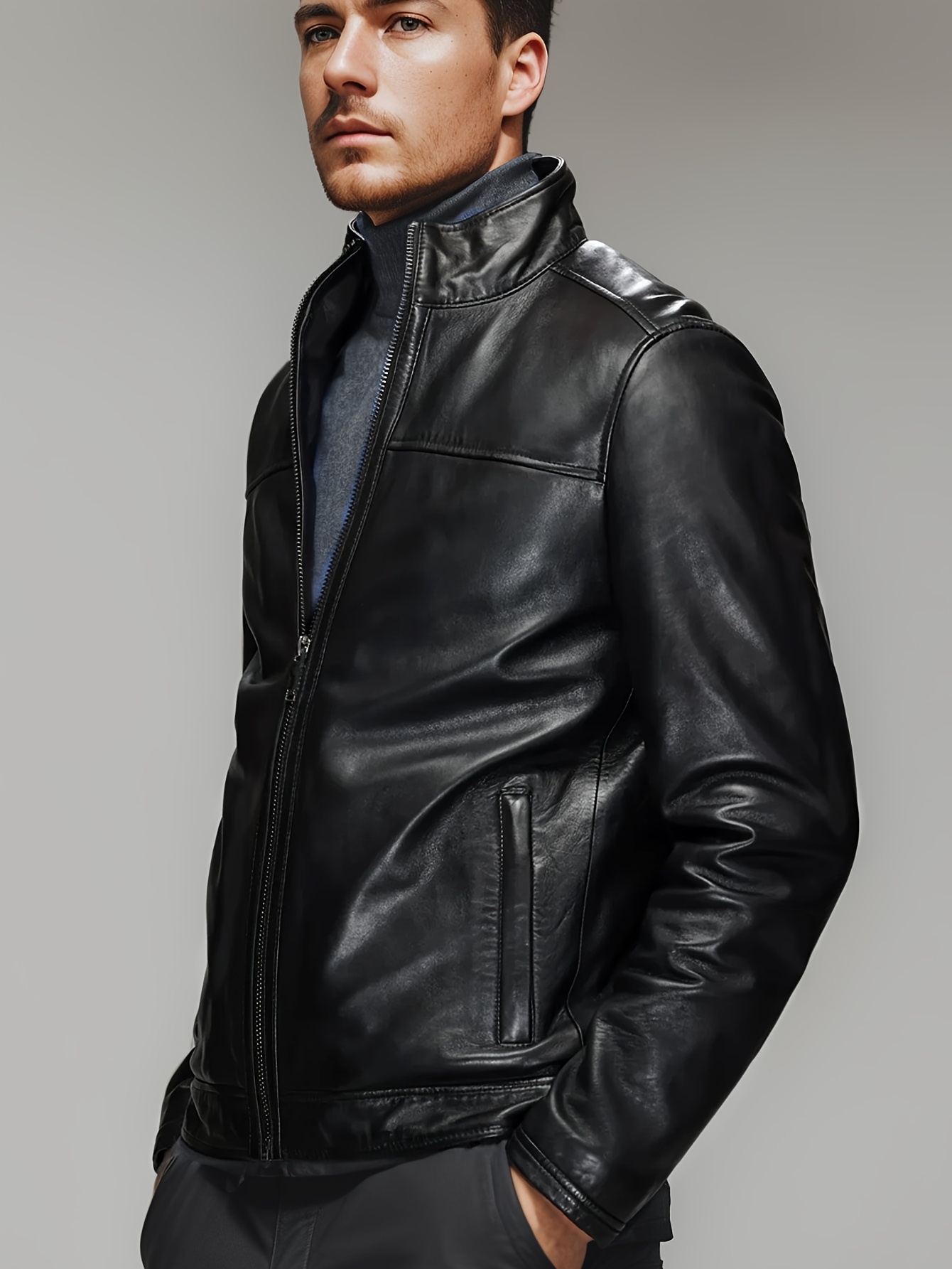 Mens Shirt Collar Leather Jacket - Black